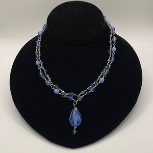 Silver-tone Double Strand Blue Beaded Necklace